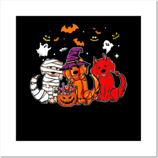 Cute 3 Golden Retriever Mummy Witch Demon Halloween Posters and Art